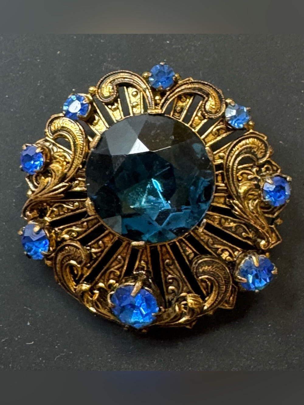 Antique Brass Filigree Blue Rhinestone Brooch - Art Deco